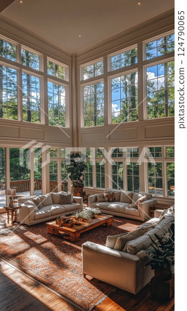 Bright and airy living room with large windows and modern furnishings in a serene setting 124790065