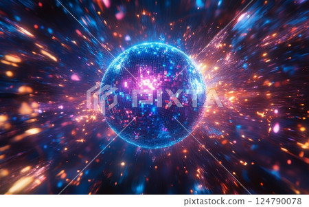 Colorful disco ball reflecting lights in a dark setting during a party atmosphere 124790078