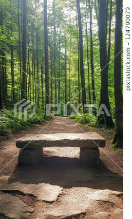 Serene stone bench in a lush green forest with sunlight filtering through trees 124790079