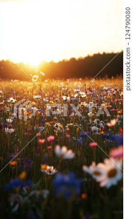 Vibrant wildflower meadow at sunset illuminates colorful blossoms in natural landscape 124790080