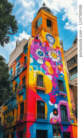 Brightly colored colonial building in a sunny tropical location with intricate architectural details Brightly colored colonial building in a sunny tropical location with intricate architectural details 124790086