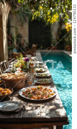 Poolside feast with a variety of vibrant dishes and a tropical setting during sunny afternoon 124790132