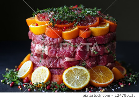 Delicious meat tower decorated with citrus fruits and herbs on a dark background 124790133