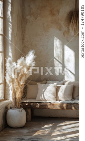 Cozy interior with soft pillows and pampas grass in a sunlit room 124790185