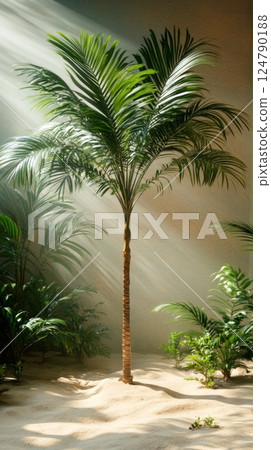 Sunlight streaming through leaves of palm tree in tranquil indoor garden setting 124790188