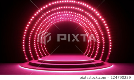 Vibrant pink lit stage with circular backdrop and fog effects for a performance 124790229