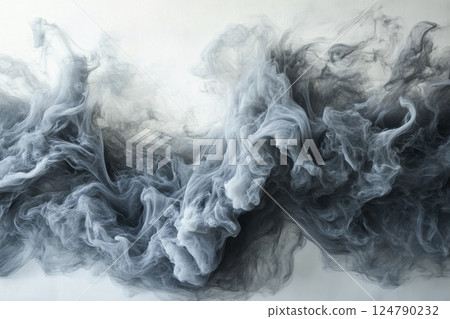 Soft gray smoke swirls gracefully against a light background 124790232