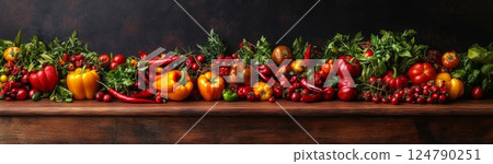 Vibrant display of assorted vegetables including peppers and tomatoes on dark wooden surface 124790251