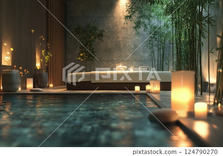 Relaxing spa ambiance with candles and stones in a tranquil garden setting 124790270