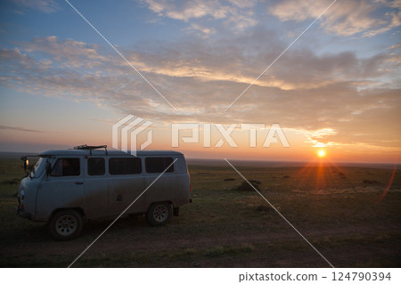 Off-road vehicles in remote region of Mongolia. Orkhon valley world heritage site 124790394