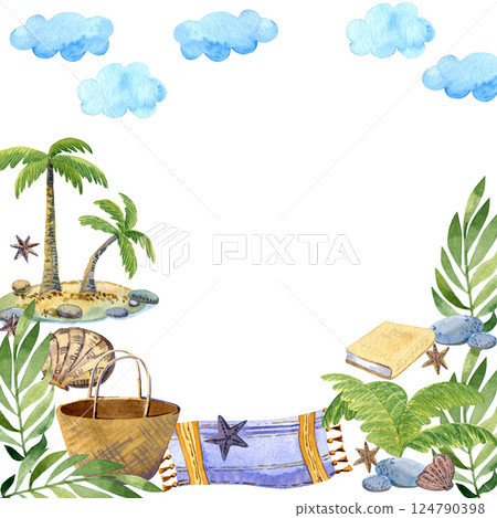Paradise beach with palm trees, beach basket, towels, blue sky, palm branches on the seashore, watercolor illustration on a white background. Paradise beach with palm trees, beach basket, towels, blue sky, palm branches on the seashore, watercolor illustration on a white background. 124790398