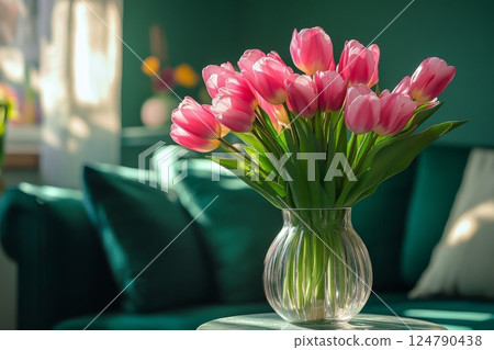 Beautiful bouquet of pink tulips in modern living room with green walls and stylish furniture 124790438