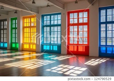Colorful light reflections through stained glass windows in a spacious hall during the day 124790529