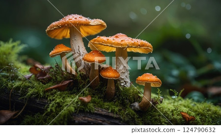 Group of mushrooms on a mossy forest log in a natural forest 124790632