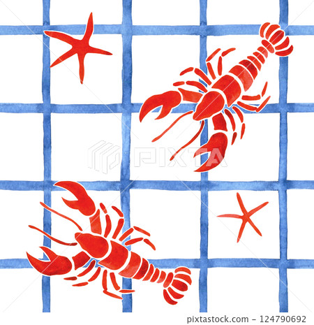 watercolor seamless pattern, blue checkered tablecloth with red sea lobsters 124790692