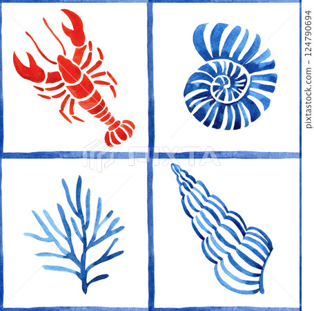 watercolor seamless pattern, blue tile print with red sea lobsters and seashells watercolor seamless pattern, blue tile print with red sea lobsters and seashells 124790694