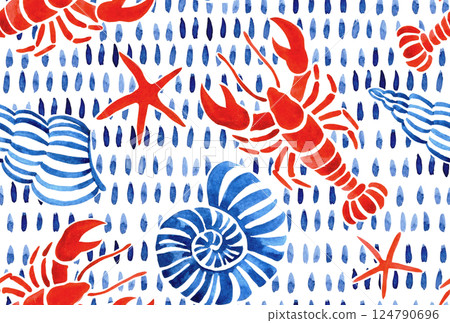 watercolor seamless pattern, with seashells, lobsters. mediterranean print watercolor seamless pattern, with seashells, lobsters. mediterranean print 124790696