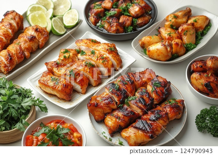 Varied dishes arranged beautifully on a table for a festive gathering or celebration 124790943