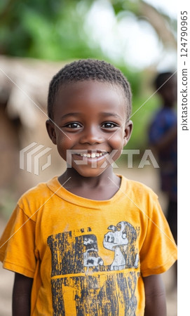 Young boy smiling happily in casual attire outdoors in a vibrant setting 124790965