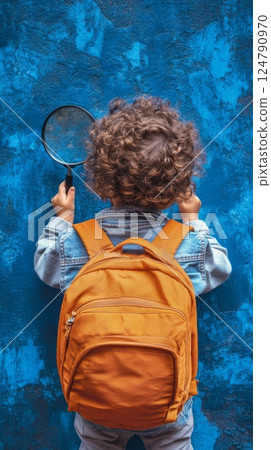 Child with curly hair exploring a blue wall using a magnifying glass in a vibrant urban area 124790970