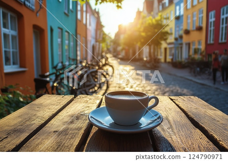 Enjoying coffee at sunrise in a charming cobblestone street lined with colorful buildings 124790971