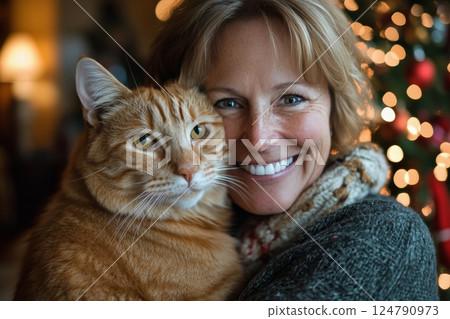 Enjoying quality time together with a beloved cat during the festive season at home 124790973