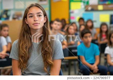 Student smiling in classroom during lesson with classmates visible in the background 124790977