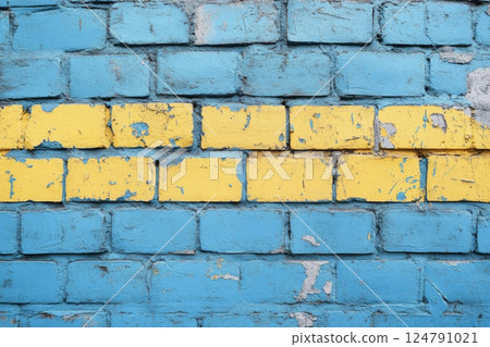Bright blue and yellow brick wall with peeling paint in an urban setting 124791021