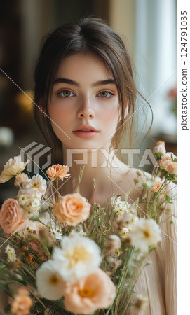 Young woman holding a bouquet of soft peach roses in a bright, serene indoor setting 124791035