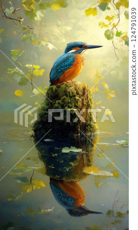 Kingfisher perched on a mossy log beside tranquil water at dawn 124791039
