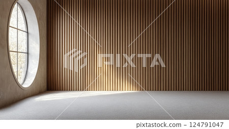 Modern interior space with wooden wall and natural light in bright room 124791047