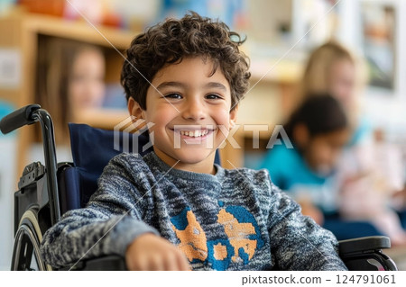 Smiling boy in wheelchair participates in classroom activities with peers and enjoys learning 124791061