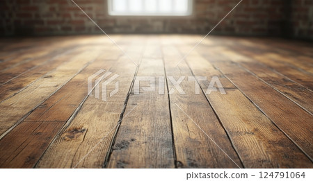 Wooden floor and brick wall create rustic ambiance in an industrial setting 124791064
