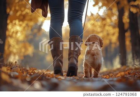 Person walking a golden retriever puppy on a leaf-strewn path during autumn afternoon 124791068