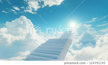 Ethereal steps leading to the sky surrounded by fluffy clouds at midday light 124791145