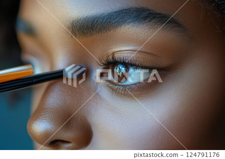 Cosmetic brush held in hand for makeup application close up 124791176