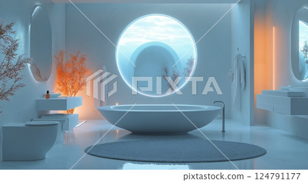 Luxury bathroom design featuring circular windows and serene sunset view 124791177