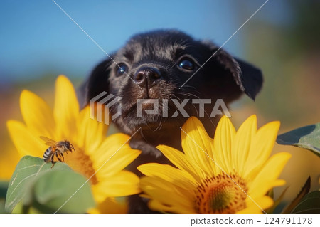 Puppy surrounded by vibrant sunflowers in a sunny garden setting 124791178