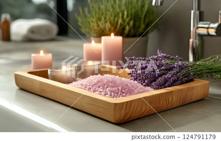 Relaxing spa setup with candles and lavender in a tranquil bathroom setting 124791179