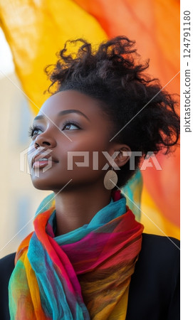 Young woman with curly hair wearing vibrant scarf poses outdoors during daylight 124791180