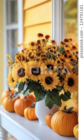 Bright yellow sunflowers and pumpkins create a cozy autumn display on a porch Bright yellow sunflowers and pumpkins create a cozy autumn display on a porch 124791181