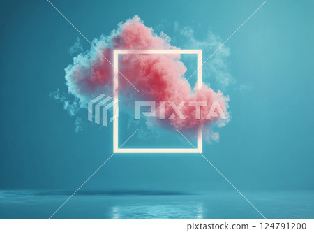 Creative pink cloud formation within a white frame against a blue background 124791200