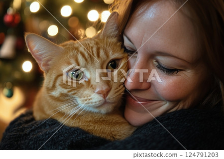 Enjoying quality time together with a beloved cat during the festive season at home 124791203