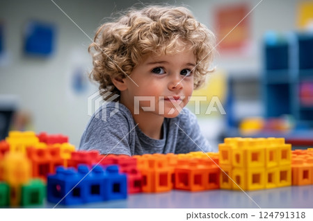 Young child engaged in creative play with colorful building blocks indoors Young child engaged in creative play with colorful building blocks indoors 124791318