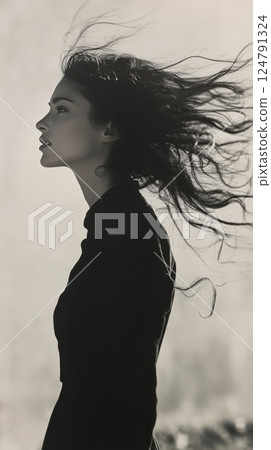 Model with flowing red hair poses in a cozy sweater against a soft background 124791324