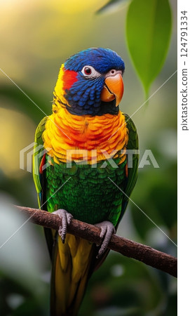 Colorful parrot perched on branch in natural habitat during sunny day 124791334