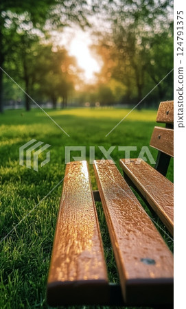Scenic wooden bench overlooking lush green hills during a serene afternoon 124791375