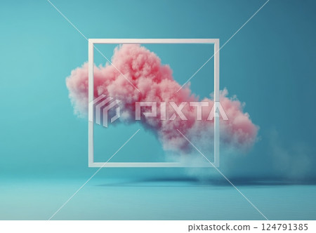 Creative pink cloud formation within a white frame against a blue background 124791385