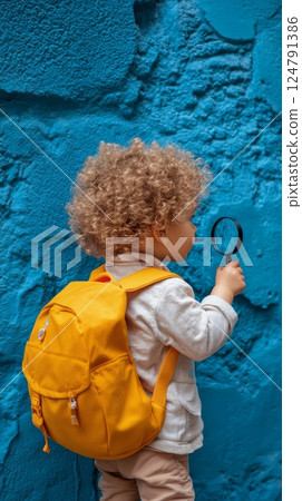 Child with curly hair exploring a blue wall using a magnifying glass in a vibrant urban area 124791386