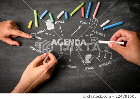 AGENDA Concept. Illustration with icons, arrows and keywords on a black chalkboard background AGENDA Concept. Illustration with icons, arrows and keywords on a black chalkboard background 124791503